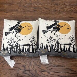 Lot Of 2 Witch Riding Broom Halloween Throw Pillows Spooky Decor 15" Embroidery
